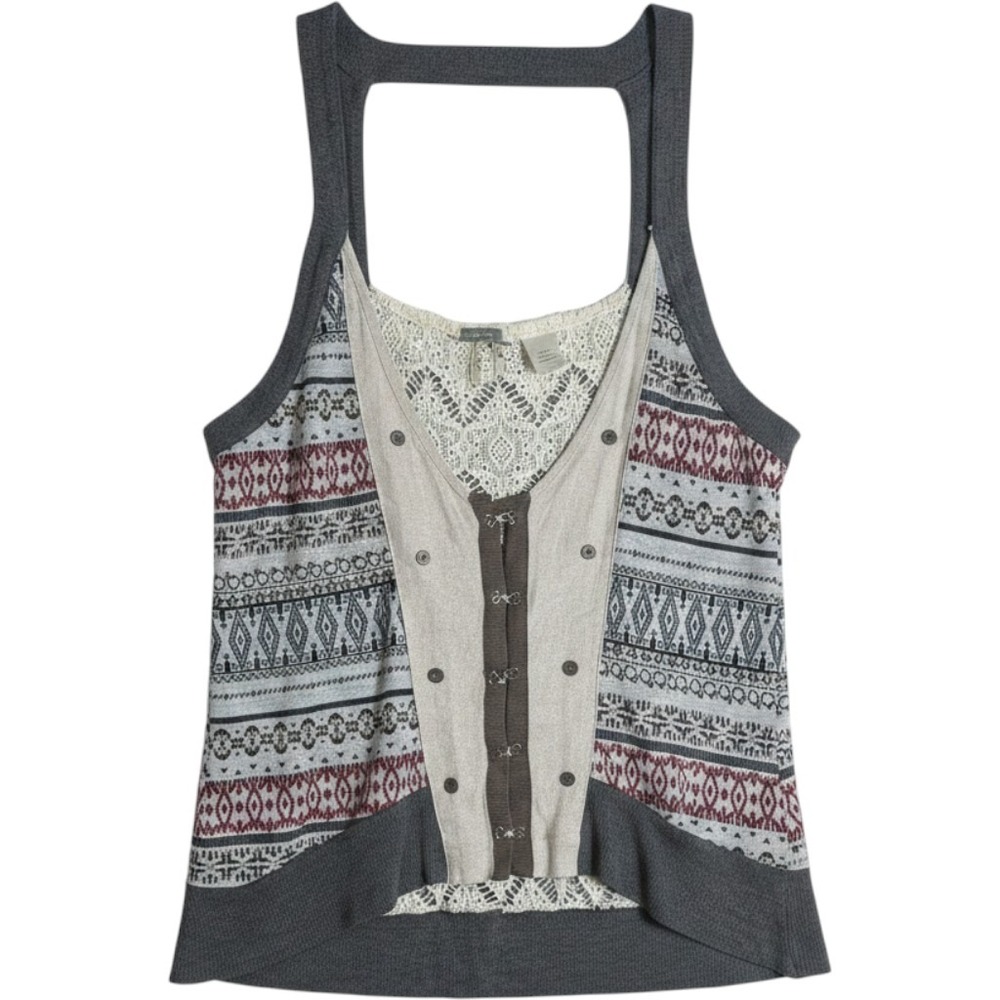 Linen Boho Crocheted Tank Top Medium Festival Mixed Media Tribal Geometric